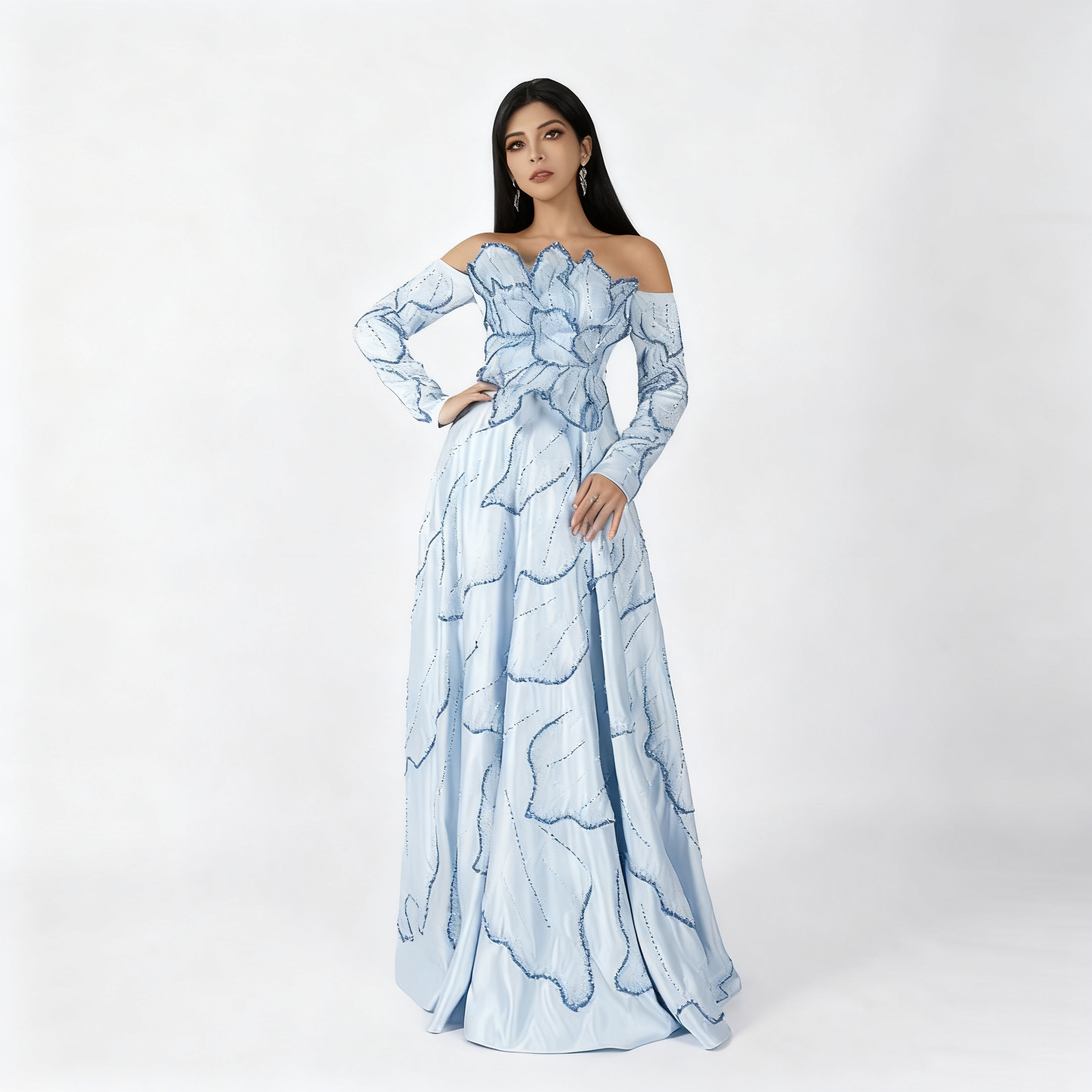 Elegant Light Blue Off-Shoulder Couture Gown with Hand-Beaded Wave Details