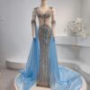Glamorous Blue & Silver Sequin Evening Gown with Sheer Cape & Embellished Gloves