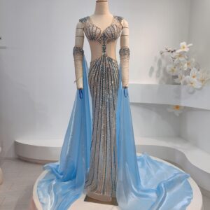 Glamorous Blue & Silver Sequin Evening Gown with Sheer Cape & Embellished Gloves