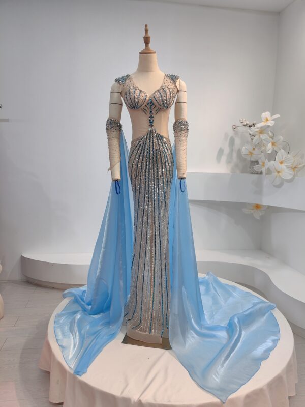 Glamorous Blue & Silver Sequin Evening Gown with Sheer Cape & Embellished Gloves