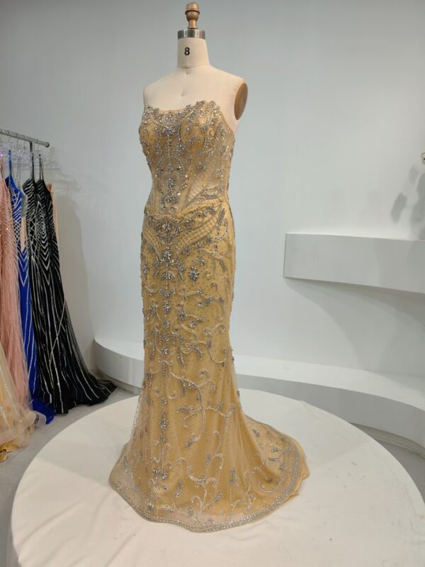 Gold Beaded High Neck Evening Gown with Shoulder Chains | Luxury Handmade Prom Dress