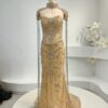 Gold Beaded High Neck Evening Gown with Shoulder Chains | Luxury Handmade Prom Dress