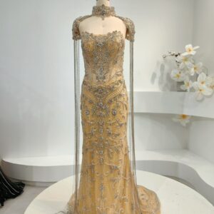 Gold Beaded High Neck Evening Gown with Shoulder Chains | Luxury Handmade Prom Dress