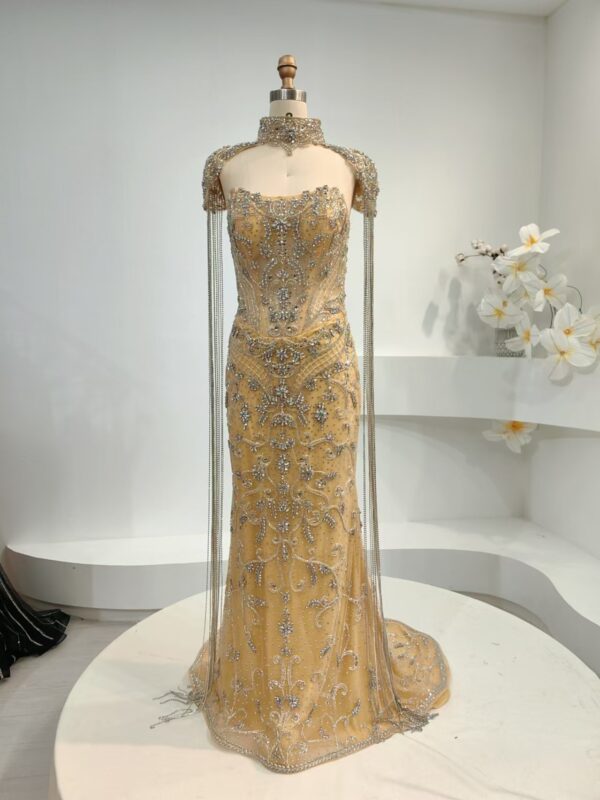Gold Beaded High Neck Evening Gown with Shoulder Chains | Luxury Handmade Prom Dress