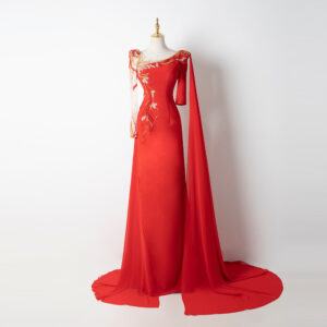 Luxury Red Evening Gown with Golden Embroidery & Cape Sleeve - Formal Dress for Gala, Red Carpet & Cultural Events