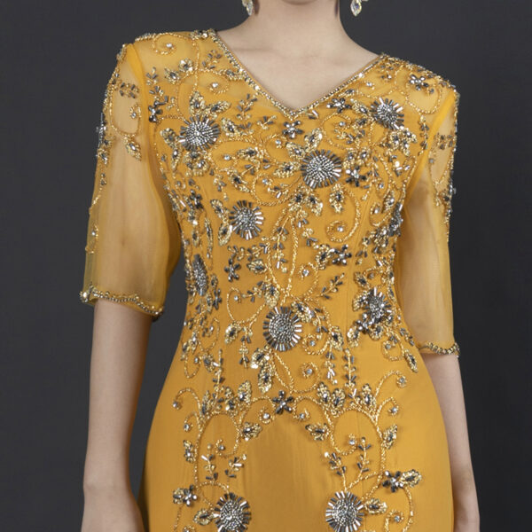 Yellow Prom & Evening Gown with Handmade Silver Floral Embroidery