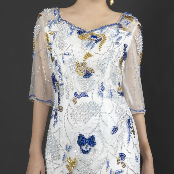 Elegant White Evening Gown with Mixed Beaded Embroidery - Half Sleeve V-Neck Formal Dress for Gala, Wedding & Luxury Events