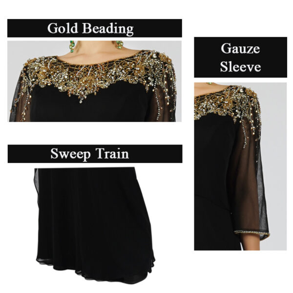 Elegant Black Evening Gown with Gold Beaded Neckline and Sheer Bell Sleeves - Formal Maxi Dress with Chiffon Drape