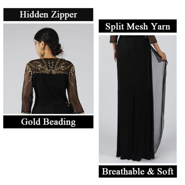 Elegant Black Evening Gown with Gold Beaded Neckline and Sheer Bell Sleeves - Formal Maxi Dress with Chiffon Drape