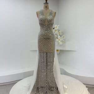 Custom Fit Runway Gown | Crystal-Embellished Deep V Halter Cutout Cross-Back Formal Dress with White Tulle Train