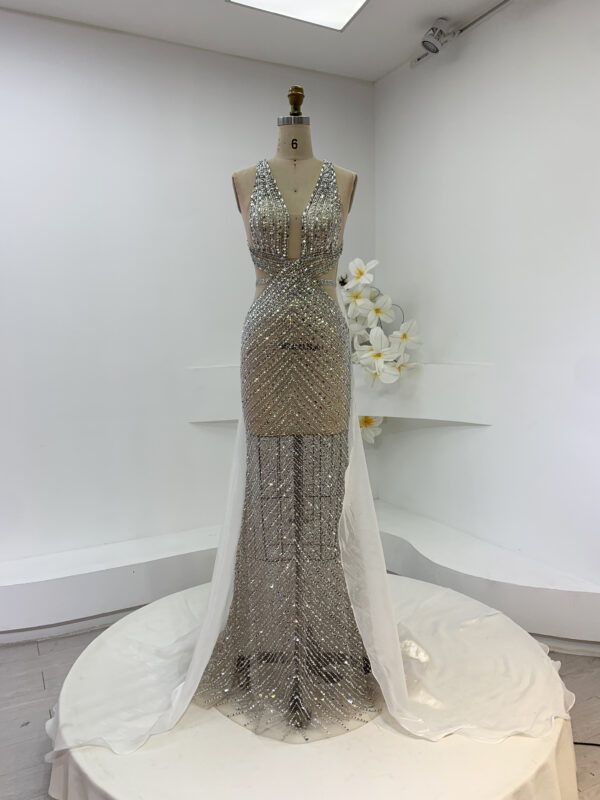 Custom Fit Runway Gown | Crystal-Embellished Deep V Halter Cutout Cross-Back Formal Dress with White Tulle Train