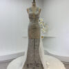 Custom Fit Runway Gown | Crystal-Embellished Deep V Halter Cutout Cross-Back Formal Dress with White Tulle Train