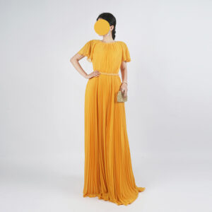 Luxury Mustard Chiffon Pleated Evening Dress - Beaded Accent Belt for GCC Weddings
