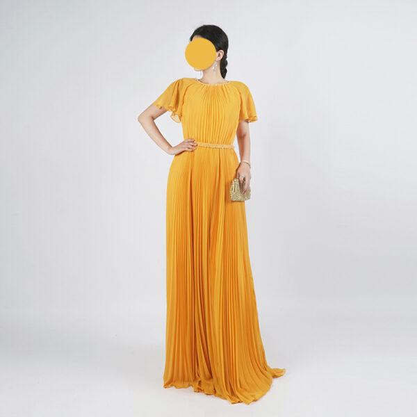 Luxury Mustard Chiffon Pleated Evening Dress - Beaded Accent Belt for GCC Weddings