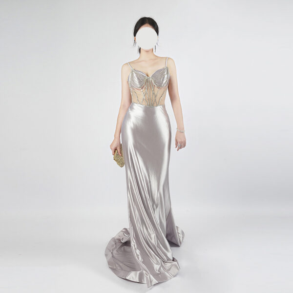 Luxury Beaded Mesh Bustier Satin Gown - Formal Dress for Galas