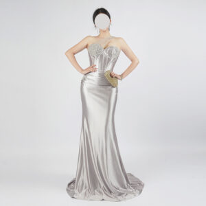 Luxury Silver Beaded Corset Evening Dress with One-Shoulder Design