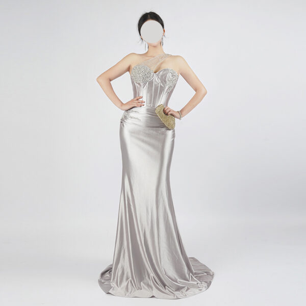 Luxury Silver Beaded Corset Evening Dress with One-Shoulder Design