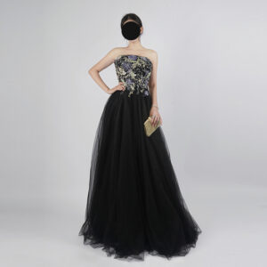 Custom Black Tulle Evening Gown with Embroidered Floral Corset Top