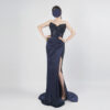 Navy Blue Strapless Beaded Evening Gown with Draped Skirt and High Slit