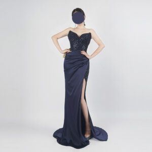 Navy Blue Strapless Beaded Evening Gown with Draped Skirt and High Slit