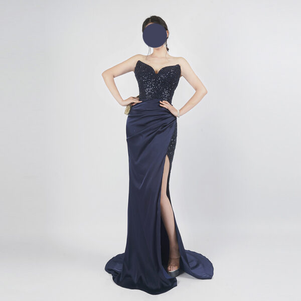 Navy Blue Strapless Beaded Evening Gown with Draped Skirt and High Slit