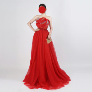 Red Strapless Tulle Evening Gown with Beaded Waist and Layered Bodice