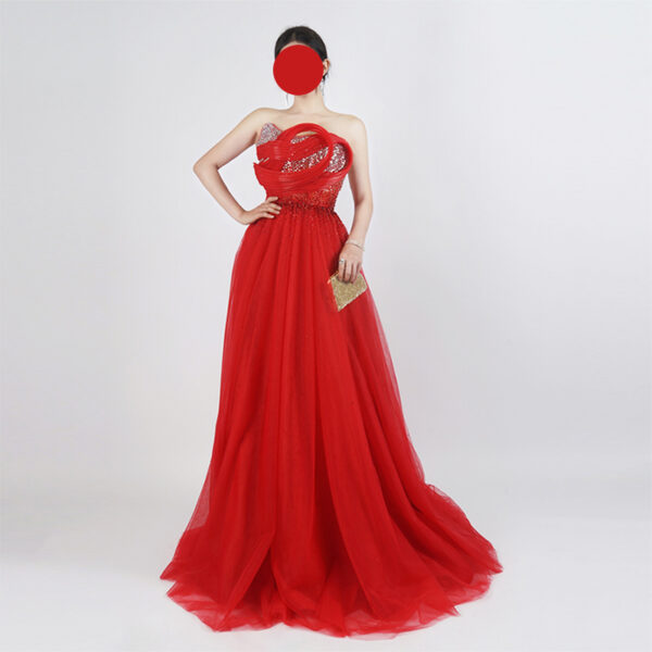 Red Strapless Tulle Evening Gown with Beaded Waist and Layered Bodice