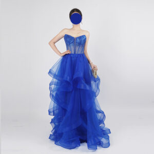 Royal Blue Strapless Beaded Corset Tulle Evening Gown with Layered Skirt