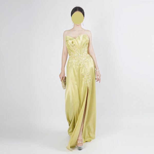 Strapless Satin Evening Gown with Hand-Beaded Waist and Front Slit