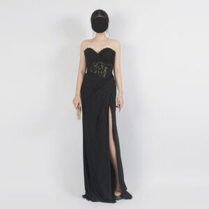 Black Strapless Lace Sheer Gown | Glitter Mesh High-Slit Formal Evening Dress