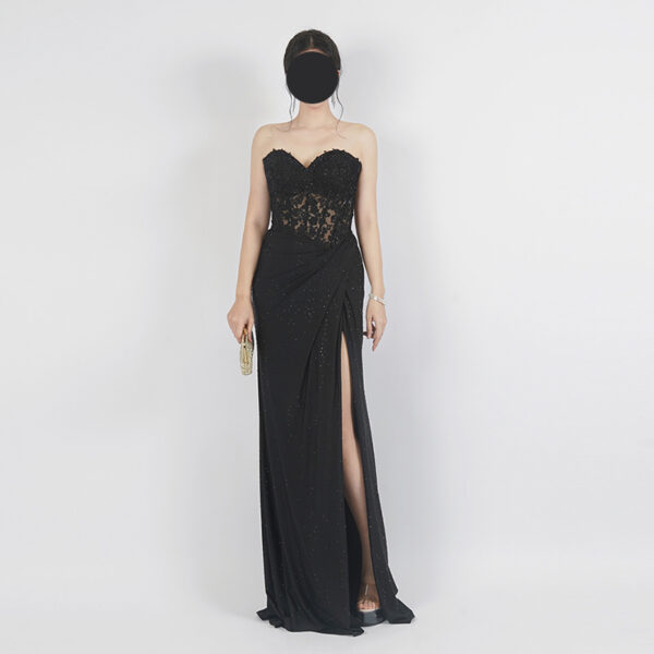 Black Strapless Lace Sheer Gown | Glitter Mesh High-Slit Formal Evening Dress