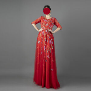 Red Couture Evening Gown with Hand-Beaded Floral Embroidery