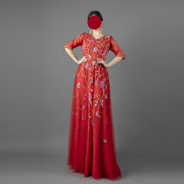Red Couture Evening Gown with Hand-Beaded Floral Embroidery