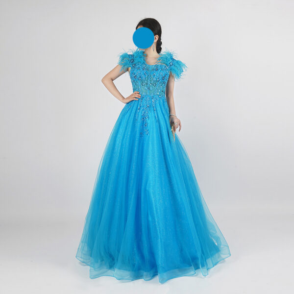 Turquoise Sequin Ball Gown | Feather Shoulder Embellished Formal Evening Dress