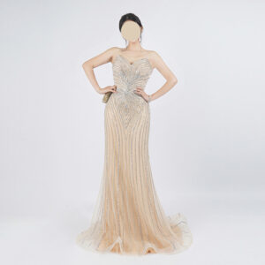 Champagne Sequin Mermaid Gown | Strapless Silver Beaded Strip Formal Evening Dress with Train