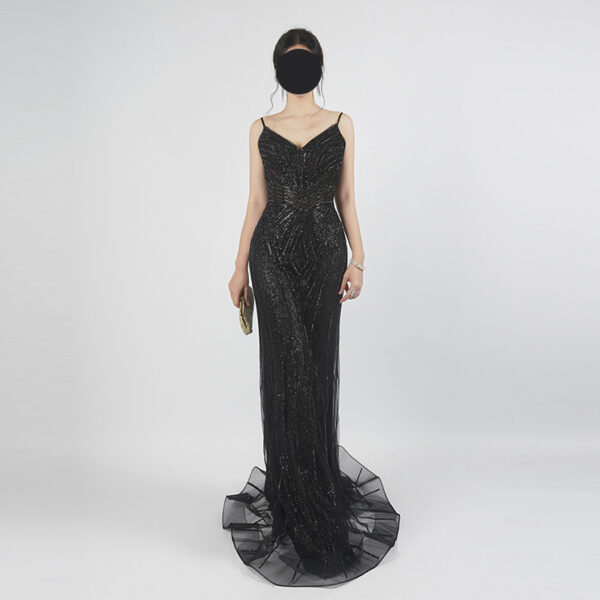 Black Sequin Mermaid Gown | Spaghetti Strap Deep V Formal Evening Dress with Train