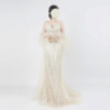 Champagne Sequin Mermaid Gown | Spaghetti Strap Deep V Formal Evening Dress with Sheer Sleeve