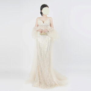 Champagne Sequin Mermaid Gown | Spaghetti Strap Deep V Formal Evening Dress with Sheer Sleeve