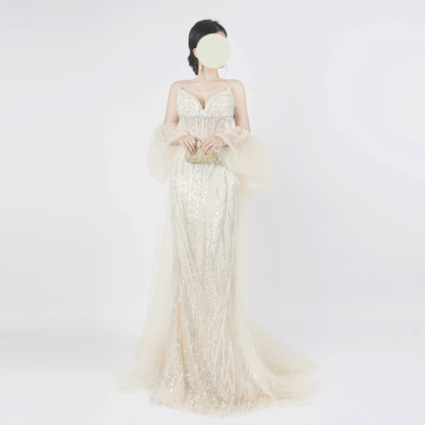 Champagne Sequin Mermaid Gown | Spaghetti Strap Deep V Formal Evening Dress with Sheer Sleeve