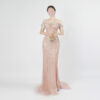 Blush Pink Sequin Mermaid Gown | Off-Shoulder Fringe Trim Formal Evening Dress with High Slit