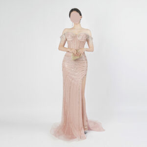 Blush Pink Sequin Mermaid Gown | Off-Shoulder Fringe Trim Formal Evening Dress with High Slit