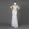 White Evening Gown with Gold Hand-Beaded Embroidery and Feather Hem