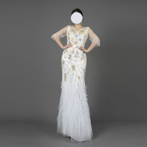 White Evening Gown with Gold Hand-Beaded Embroidery and Feather Hem