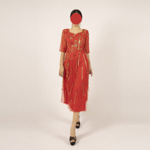 Red Hand-Beaded Midi Dress with Gold Embroidery and Tassel Details