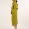 Olive Green Beaded Midi Dress with Floral Embroidery - Sheer Bell Sleeve Cocktail Dress