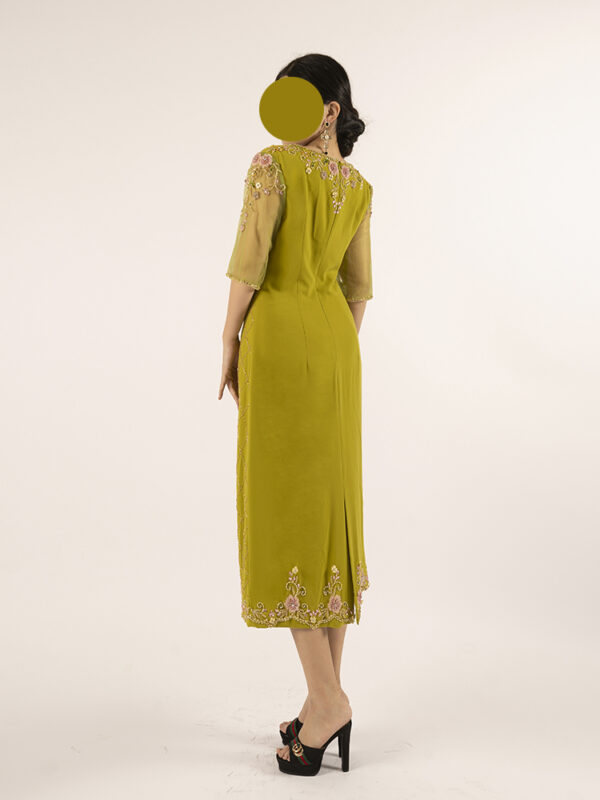 Olive Green Beaded Midi Dress with Floral Embroidery - Sheer Bell Sleeve Cocktail Dress
