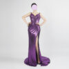 Metallic Purple Spaghetti Strap Evening Gown with High Slit
