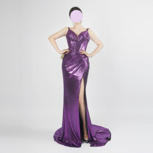 Metallic Purple Spaghetti Strap Evening Gown with High Slit