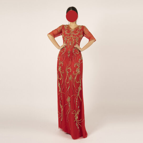 Elegant Red Formal Dress with Intricate Gold Embroidery