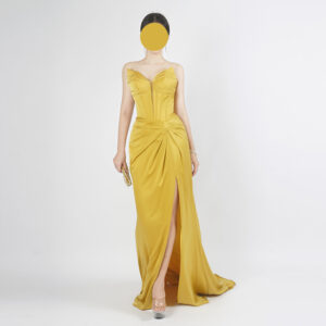 Gold Draped Satin Slit Gown with Structured Bodice